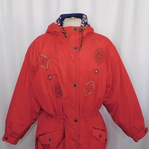 Vintage OBERMEYER Women’s Embroidered Hooded Legend Coat Jacket Red Blue Size 10 - Picture 4 of 14
